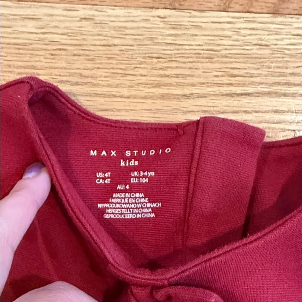 MAX STUDIO Kids Red Peplum Top with Front Knot and plaid velour pants 3-4 years